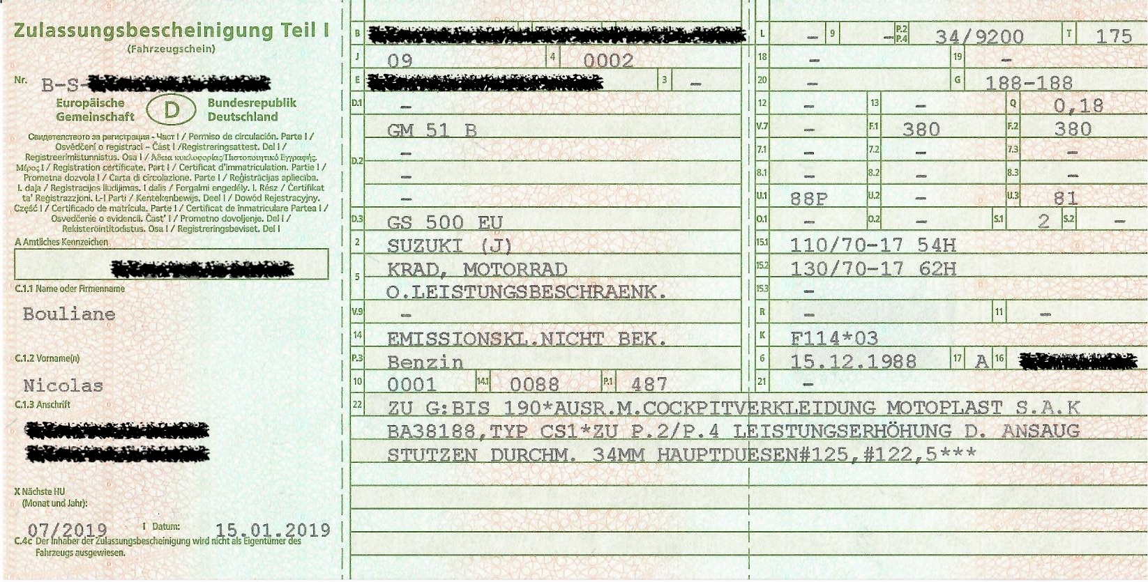 Eksempel på tysk registreringsattest, Zulassungsbescheinigung Teil I, med køretøjsoplysninger